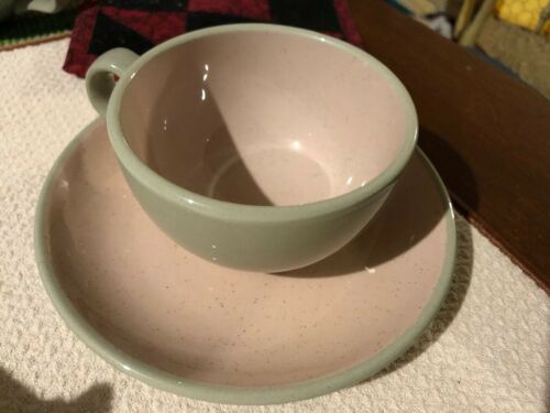 1 Vintage Speckled Pink Inside & Gray Outside Coffee/tea Cup & Saucer Harkerware