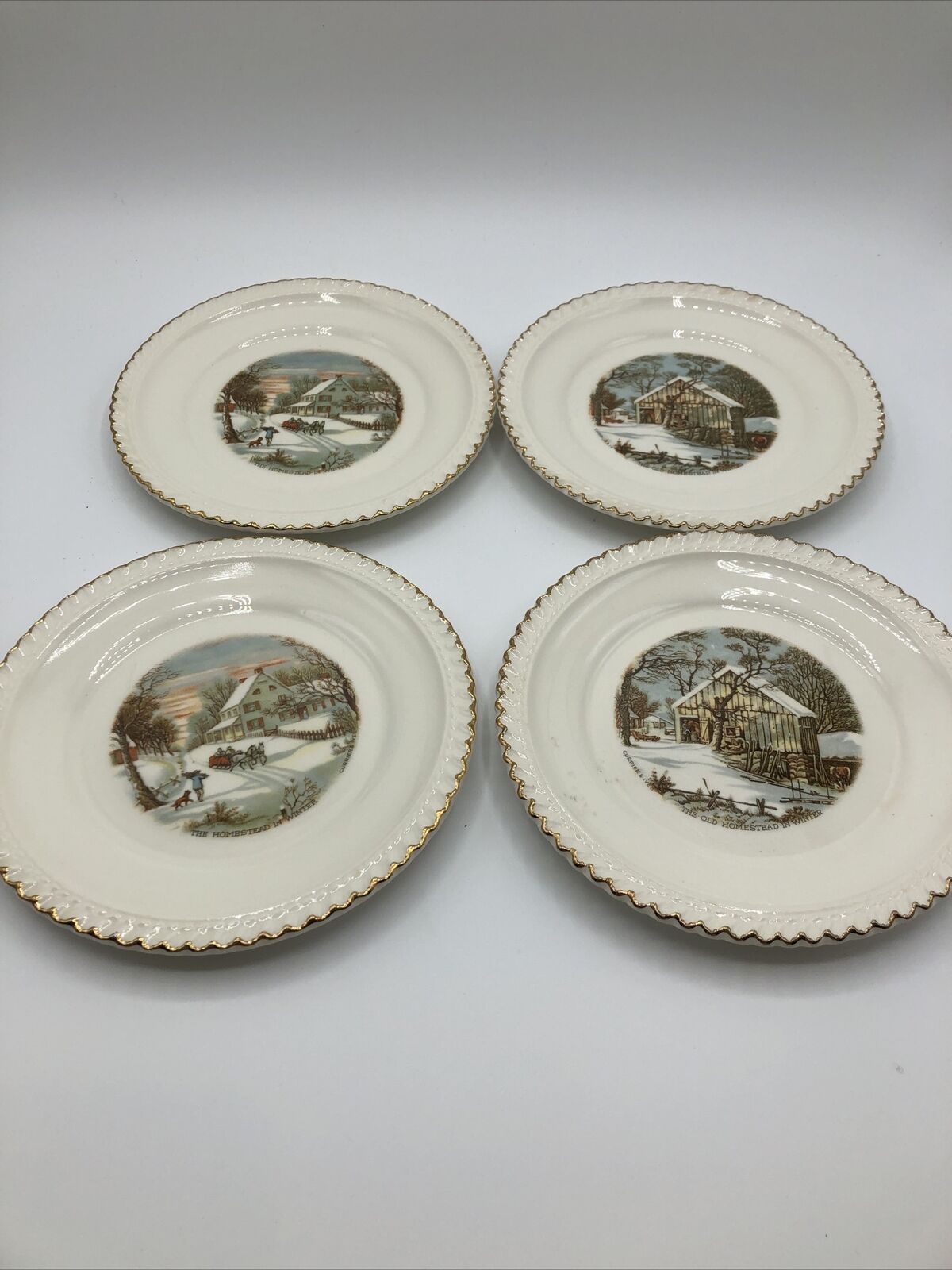4 Vintage Harkerware Currier & Ives Dessert Plates