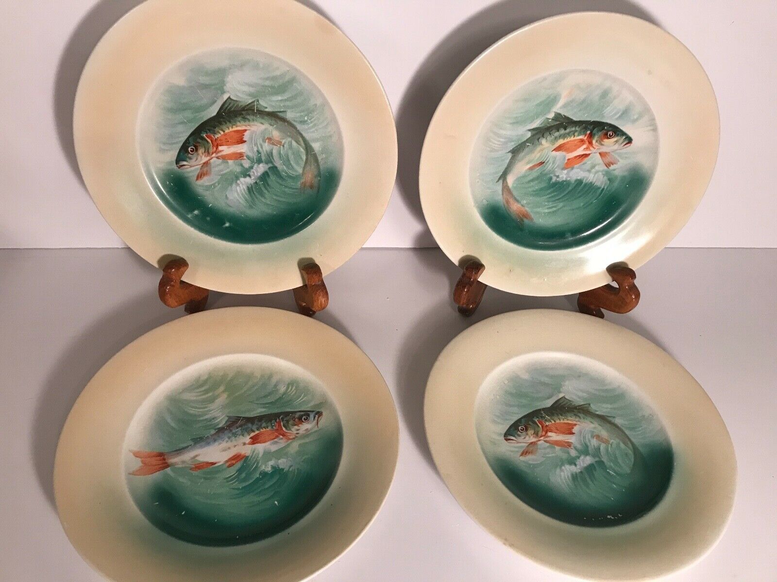 Set Of 4 Harker Fish Plates, 3 Different Poses, 8", Early Mark, 1890s?