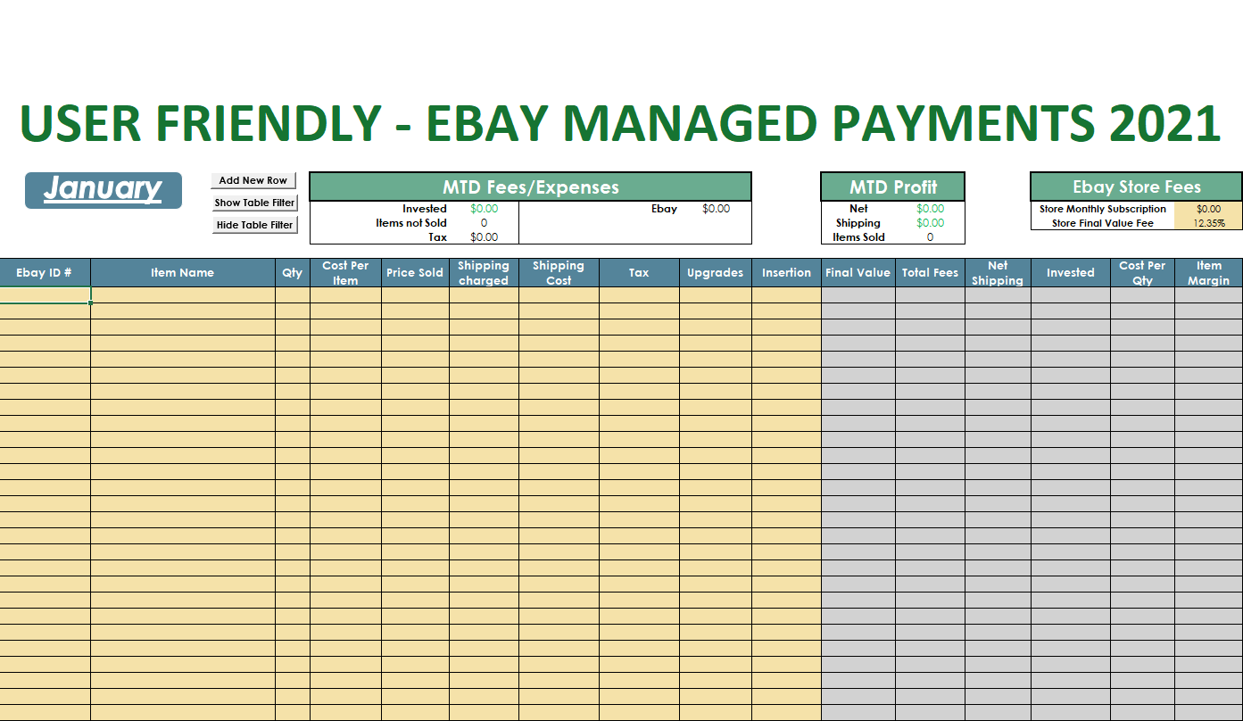 2021 Ebay Managed Payments Monthly Tracker - Excel Spreadsheet - Email Delivery