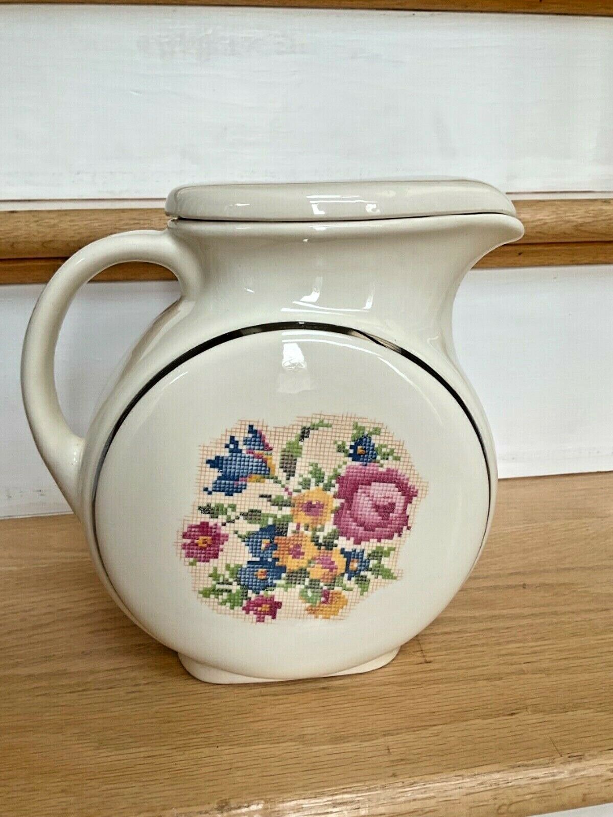 Vtg Harker Pottery Hotoven Ceramic Water Pitcher Floral Petit Point Crossstitch