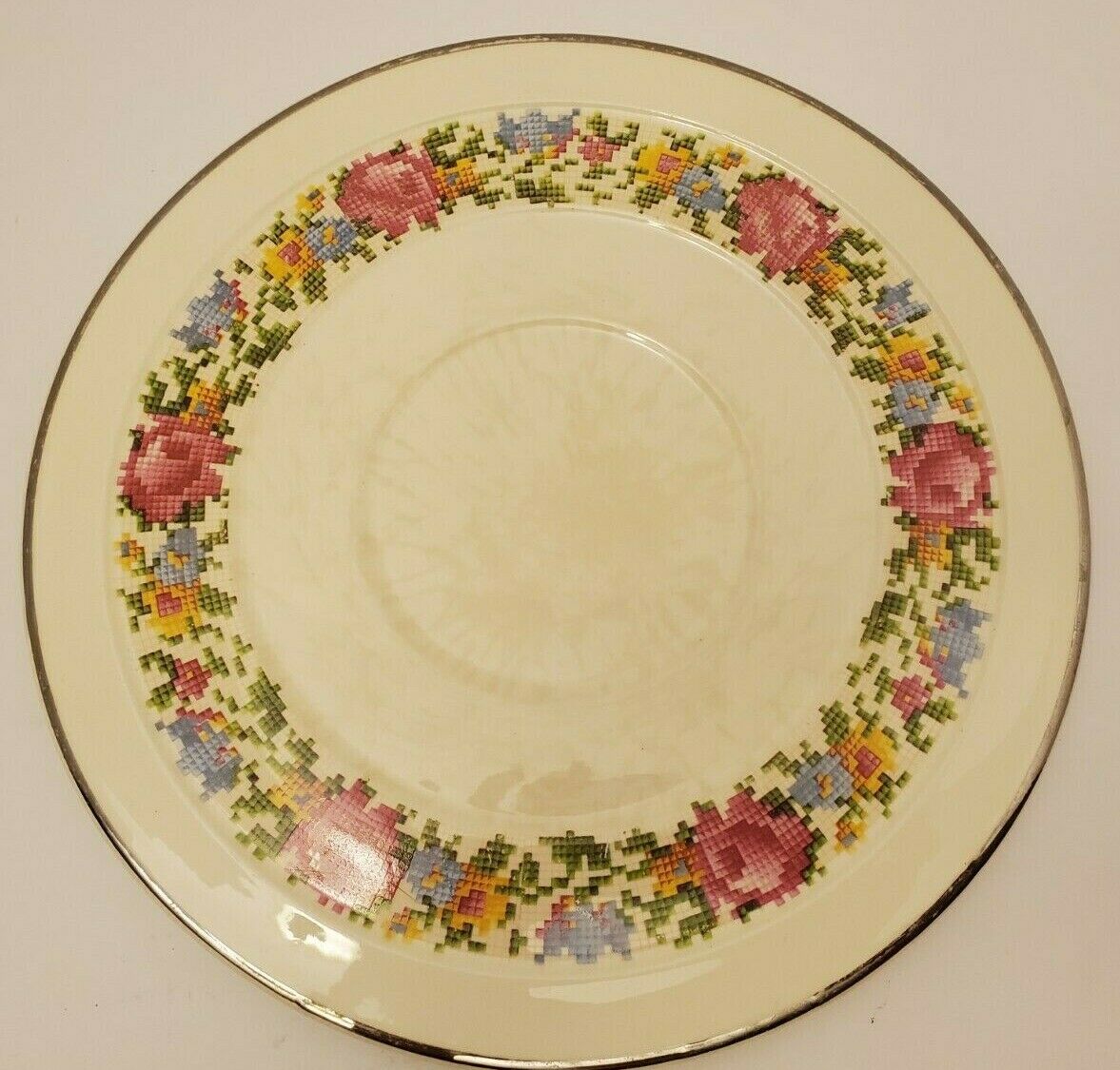 Vintage Harker Petit Point Cake Plate Needlepoint Flowers Floral Cross Stitch