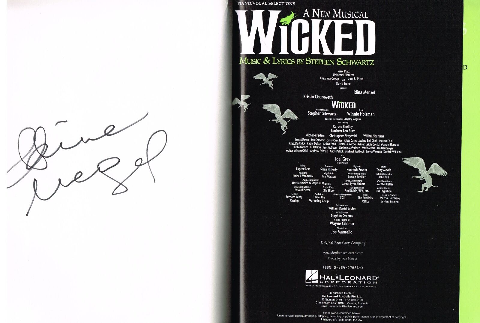 Idina Menzel Signed  Wicked Music Sheet Book Near Mint Rent If/then Elsa Coa